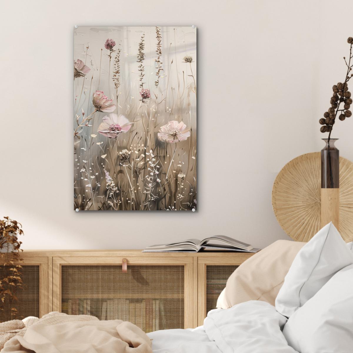 ACRYLGLASBILD Blumen - Rosa - Modern - Beige Wanddeko Wohnzimmer 40x60 cm - Beige, Glas (40/60cm) - MuchoWow