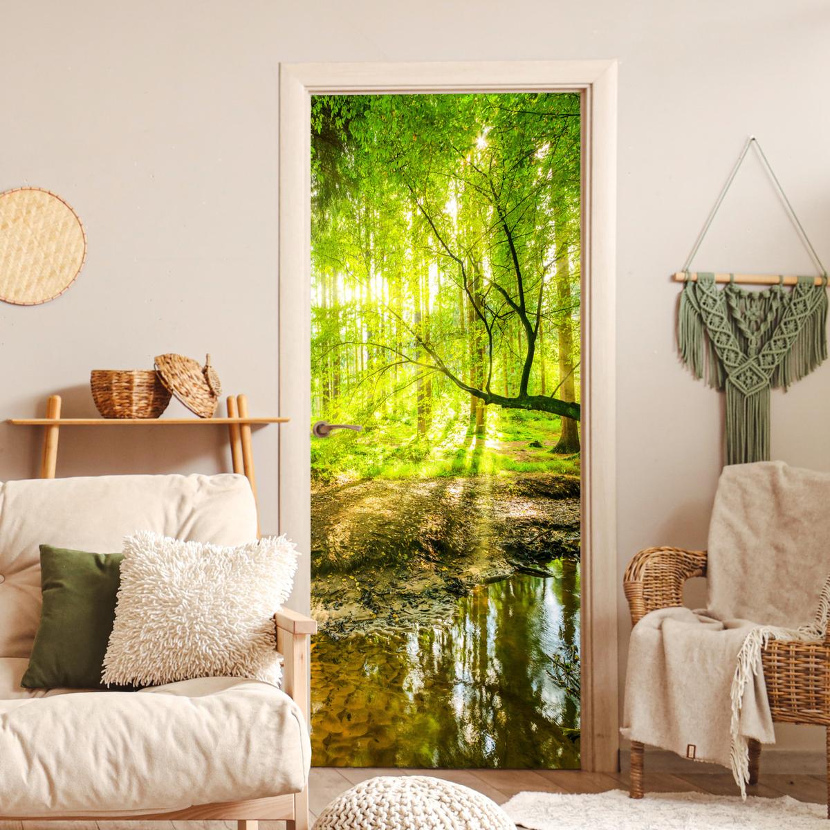 TÜRAUFKLEBER Wald - Landschaft - Wasser - Bäume - Sonne - Grün - Natur 90x215 cm - Türtapete - Hellgrün, Kunststoff (90/0.1cm) - MuchoWow