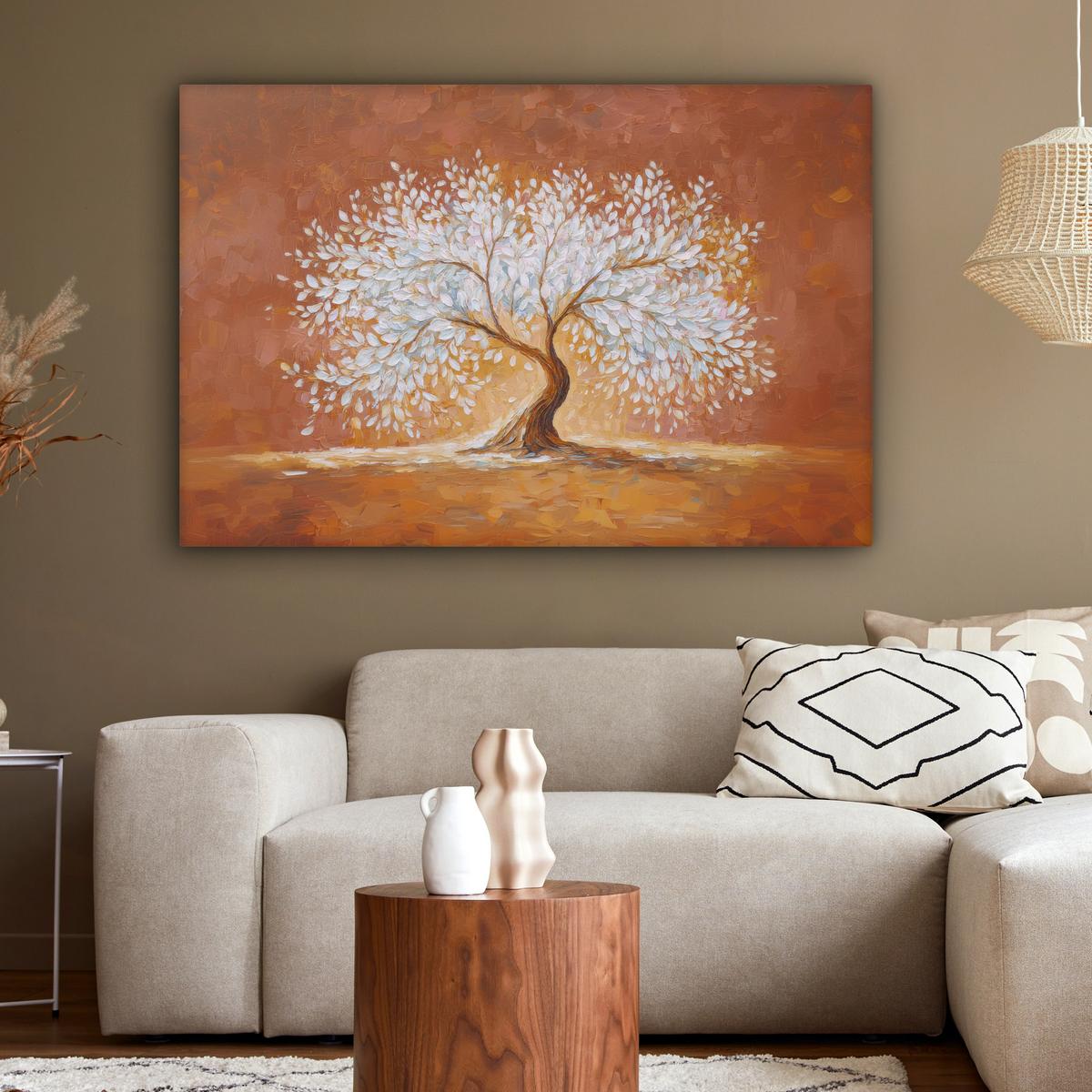 LEINWANDBILD Abstrakt - Baum - Weiß - Blätter Wohnzimmer Groß 120x80 cm - Braun, Textil (120/80cm) - MuchoWow