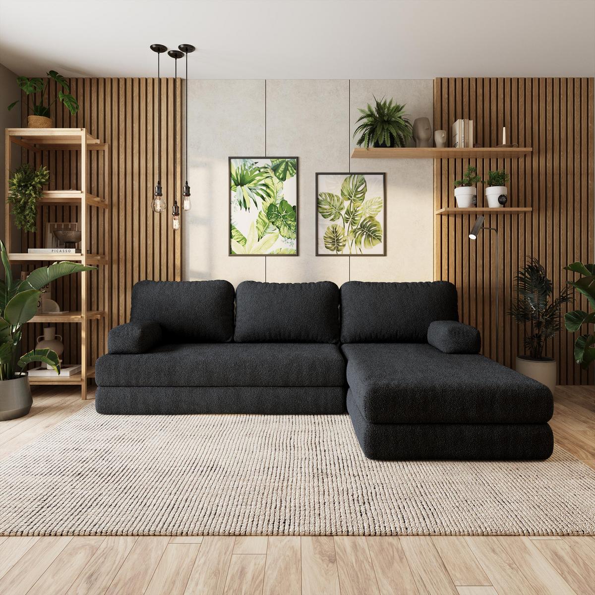 ECKSOFA LEA modulares Boneless Sofa mit Schlaffunktion Schwarz Boucle-Stoff - Schwarz, Textil (270/160cm) - MASSENO