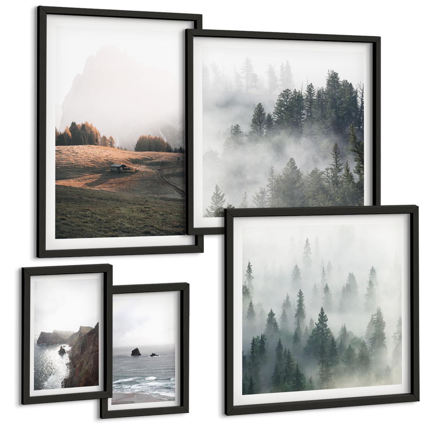 BILDER SET 5er Set - 50x50 cm & 20x30 cm & 40x60 cm Schwarzer Rahmen - Landschaften aus Bergen und Meer - Schwarz, Kunststoff (40/60cm) - TULUP