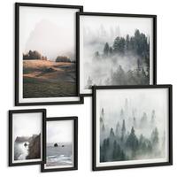 BILDER SET 5er Set - 50x50 cm & 20x30 cm & 40x60 cm Schwarzer Rahmen - Landschaften aus Bergen und Meer - Schwarz, Kunststoff (40/60cm) - TULUP