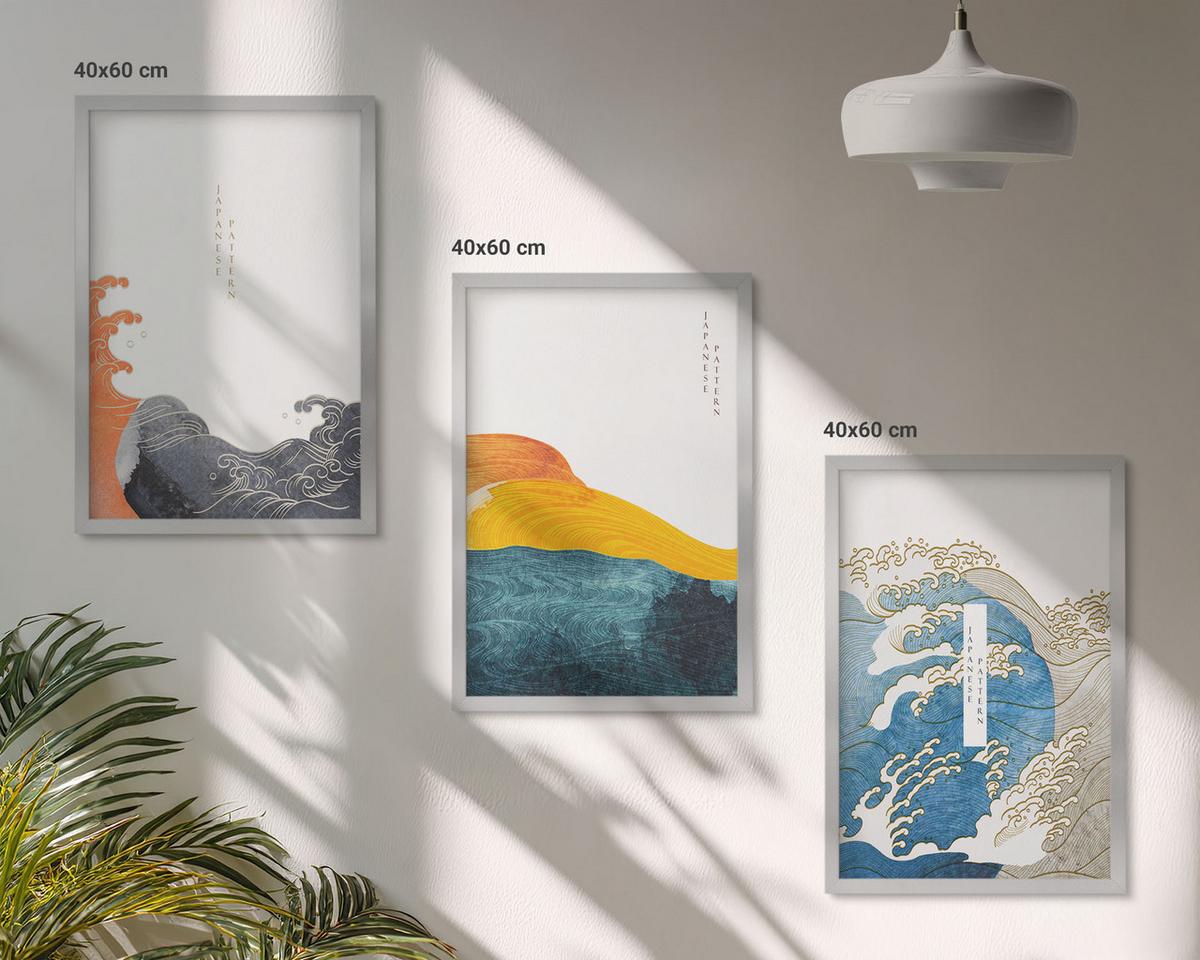 BILDER SET 3er Set - 40x60 cm Silberner Rahmen - Wellen des japanischen Grafikstils - Silberfarben, Kunststoff (40/60cm) - TULUP