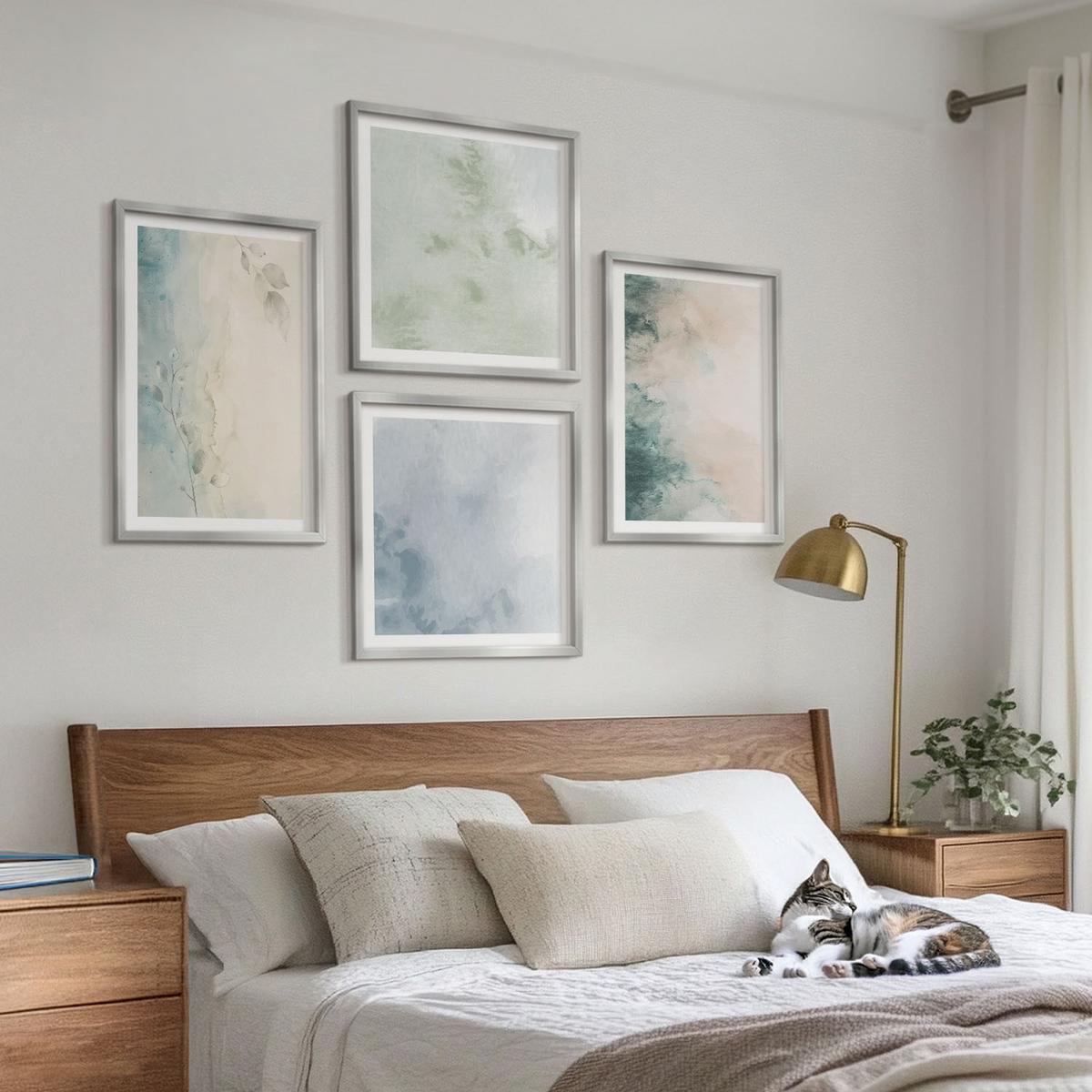 BILDER SET 4er Set - 50x50 cm & 40x60 cm Silberner Rahmen - Aquarell-Leinwandstil - Silberfarben, Kunststoff (50/50cm) - TULUP