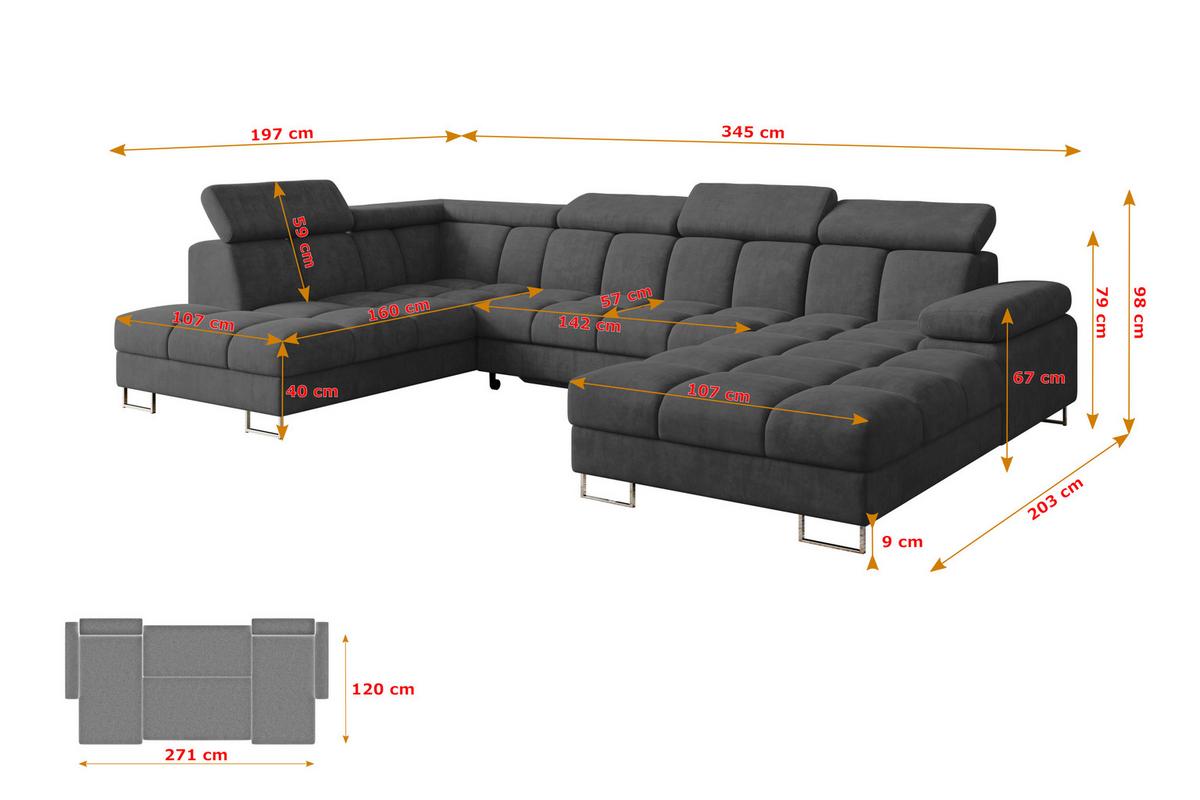 WOHNLANDSCHAFT mit Schlaffunktion und Bettkasten Ottomane Links COMA U 345x203x79 Dunkelgrau Velours - Dunkelgrau, Holzwerkstoff/Textil (345/79/203cm) - ALTDECOR