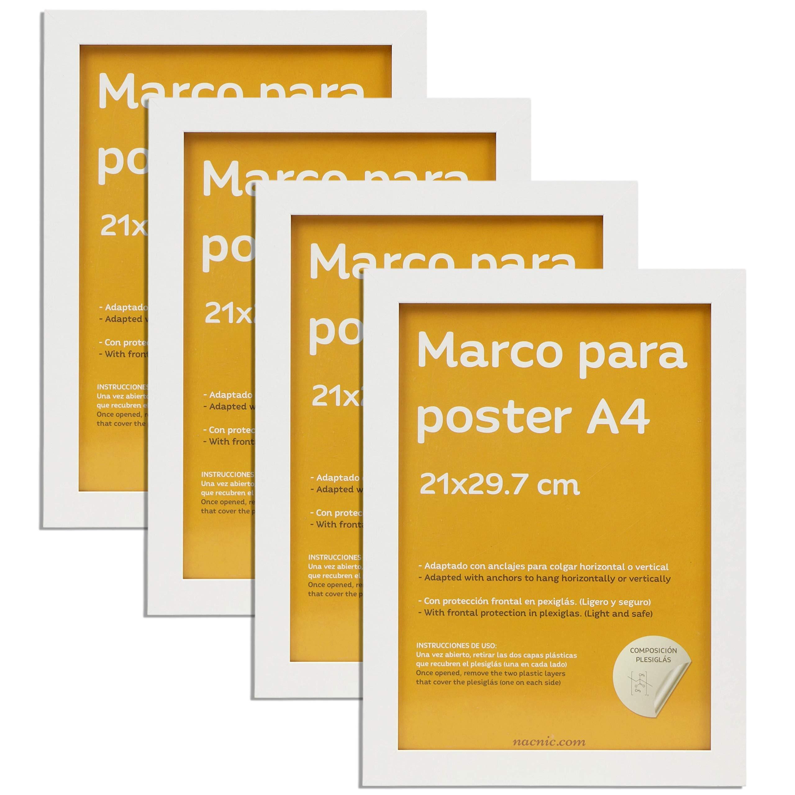 RAHMEN Set mit 4 aus MDF und Acrylglas Schutz und Aussteller für Fotografien, Bilder, Poster, Gemälde, Dekoration für Haus Farbe Weiß A4 - Weiß, Holz (21/3cm) - Nacnic