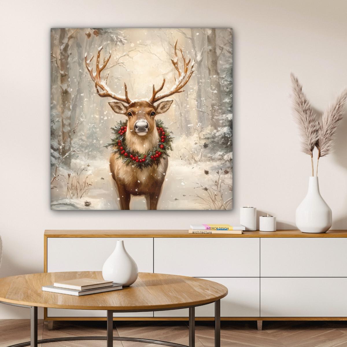 LEINWANDBILD Weihnachten - Rentier - Winter - Kranz Deko Groß 90x90 cm - Naturfarben, Textil (90/90cm) - MuchoWow