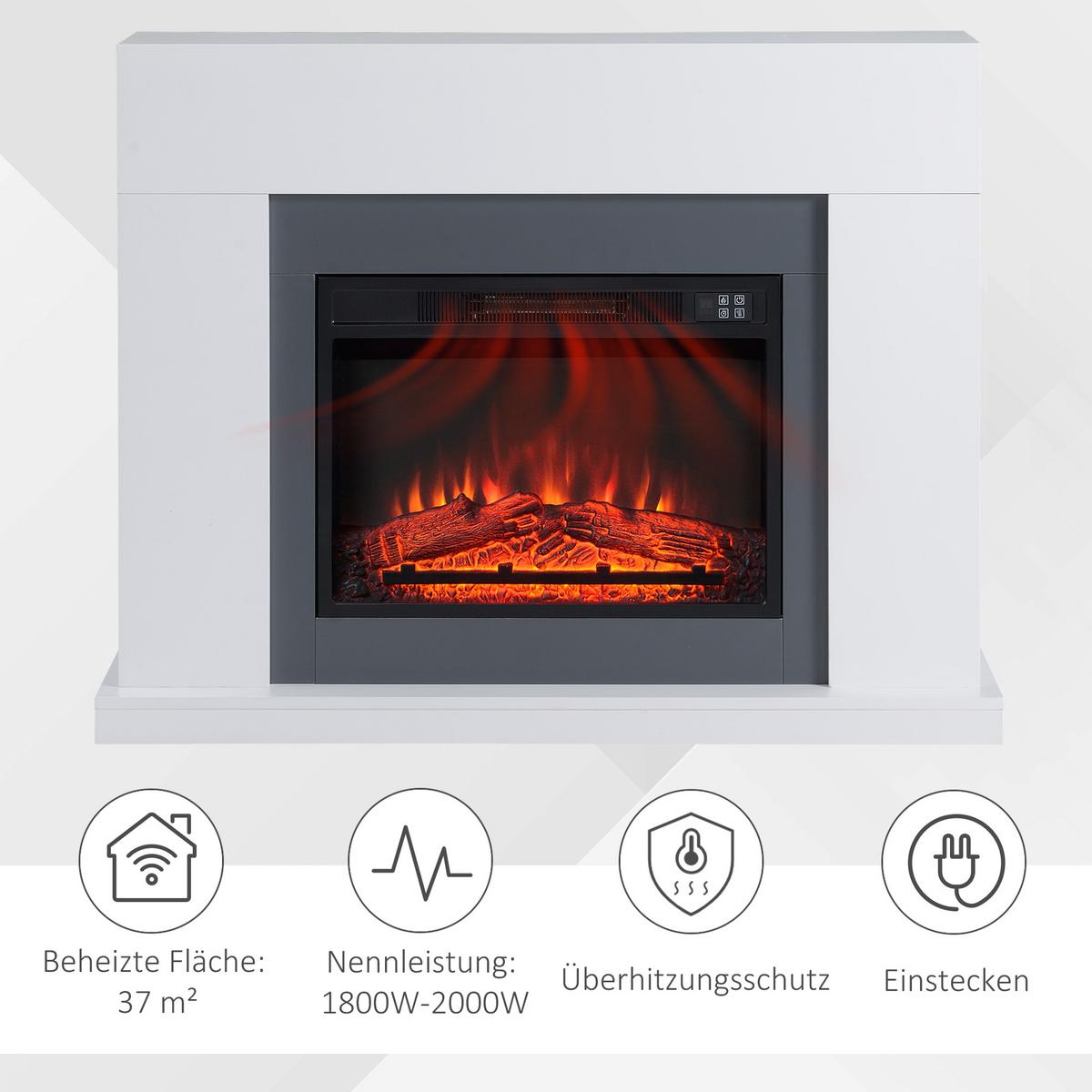 LED Elektrokamin Standkamin mit Flammeneffekt 1800/2000W Weiß - Weiß, Metall (26.6/87.5/113cm) - HOMCOM