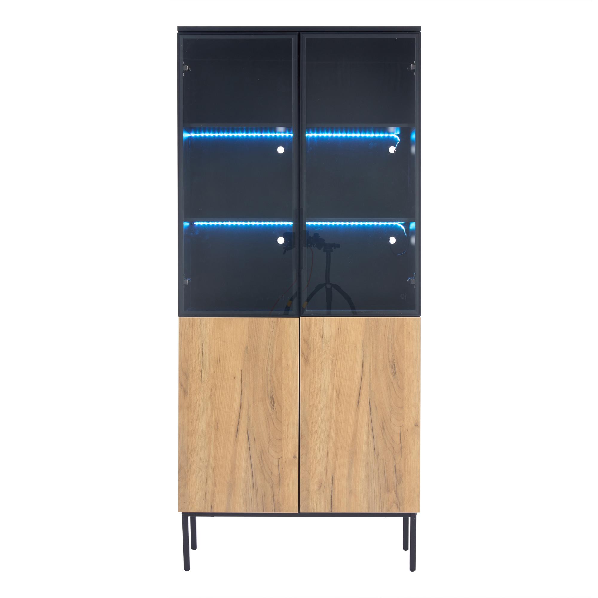 HIGHBOARD mit Glasvitrine LED-Beleuchtung 80/35/180cm - Schwarz, Holzwerkstoff (80/180/35cm) - Urban Meuble