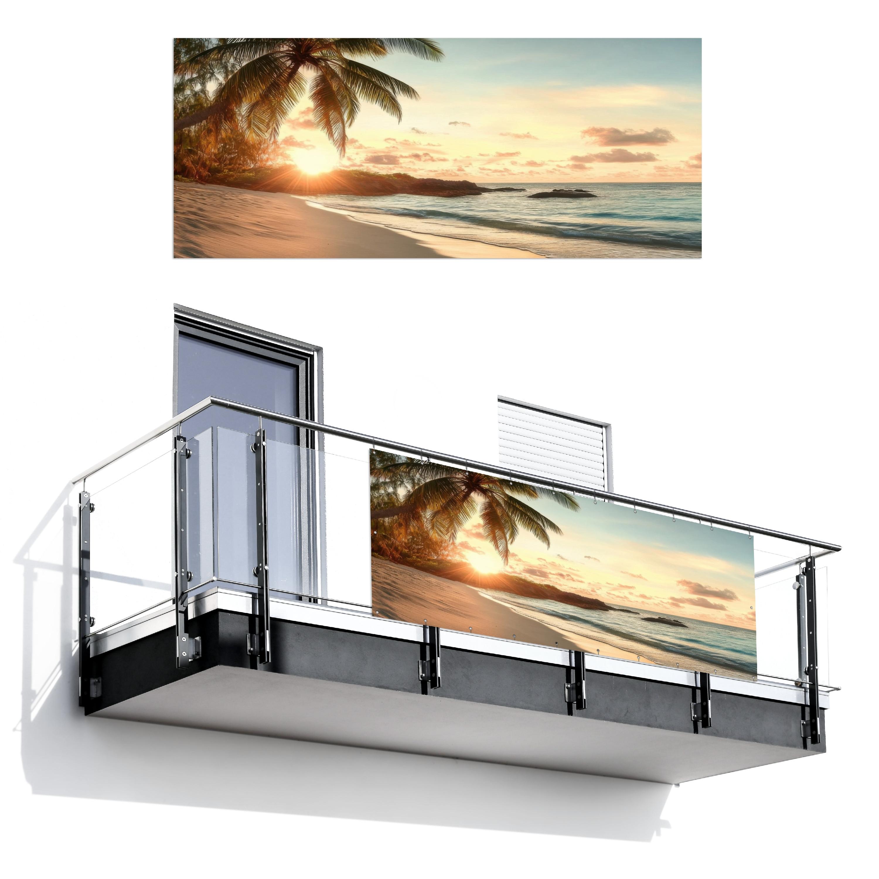 BALKON-SICHTSCHUTZ Strand - Palmen - Meer - Sonnenuntergang Balkon Deko 300x130 cm - Samtahornfarben, Kunststoff (300/130cm) - MuchoWow