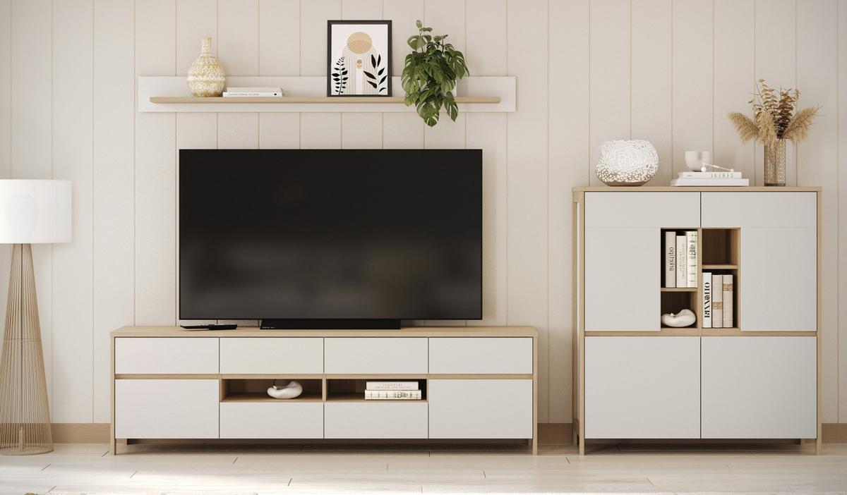 WOHNWAND weiß und Eiche Wohnkombination skandinavisch 3-teilig 319 cm, Soft-Close, Finnes - Eichefarben/Weiß, Glas/Holzwerkstoff (319/170/39cm) - Furn.Design
