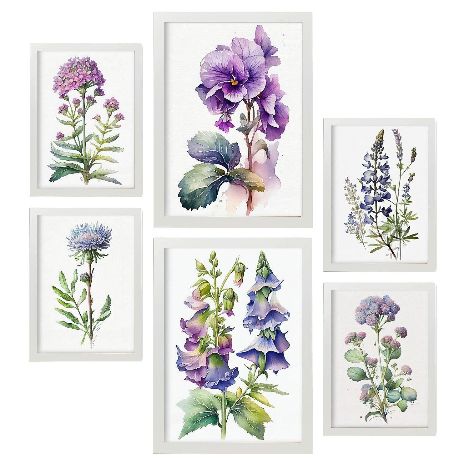 POSTER Set Mit 6 Violett Vollfarbige Natur Und Botanikdrucke Mit Blumenmotiven Auf Reinweißen Hintergründen Innenarchitektur A3 & A4 Weißer Rahmen - Weiß, Papier (29/3cm) - Nacnic