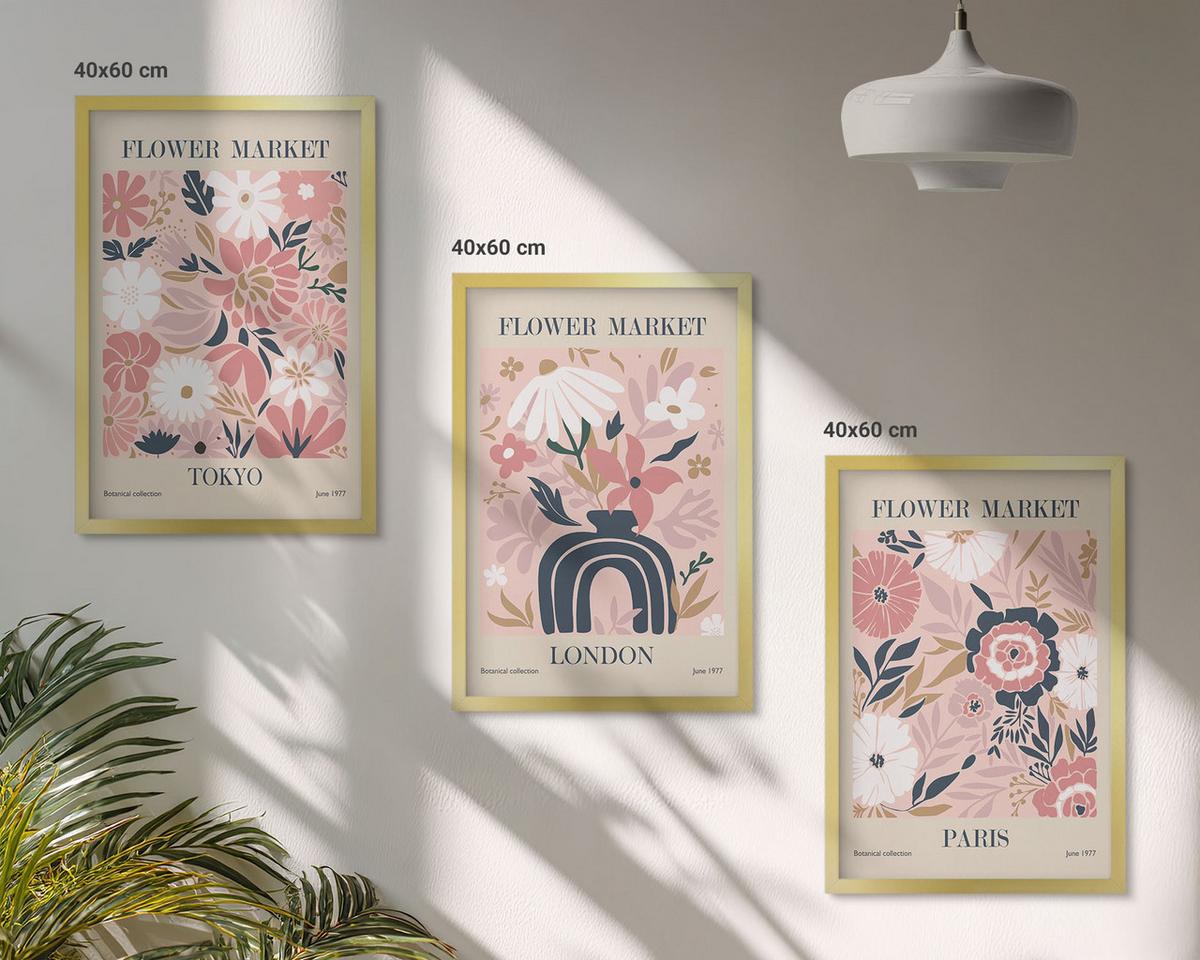 BILDER SET 3er Set - 40x60 cm Goldrahmen - Blumenmotive Tokio London Paris - Goldfarben, Kunststoff (40/60cm) - TULUP