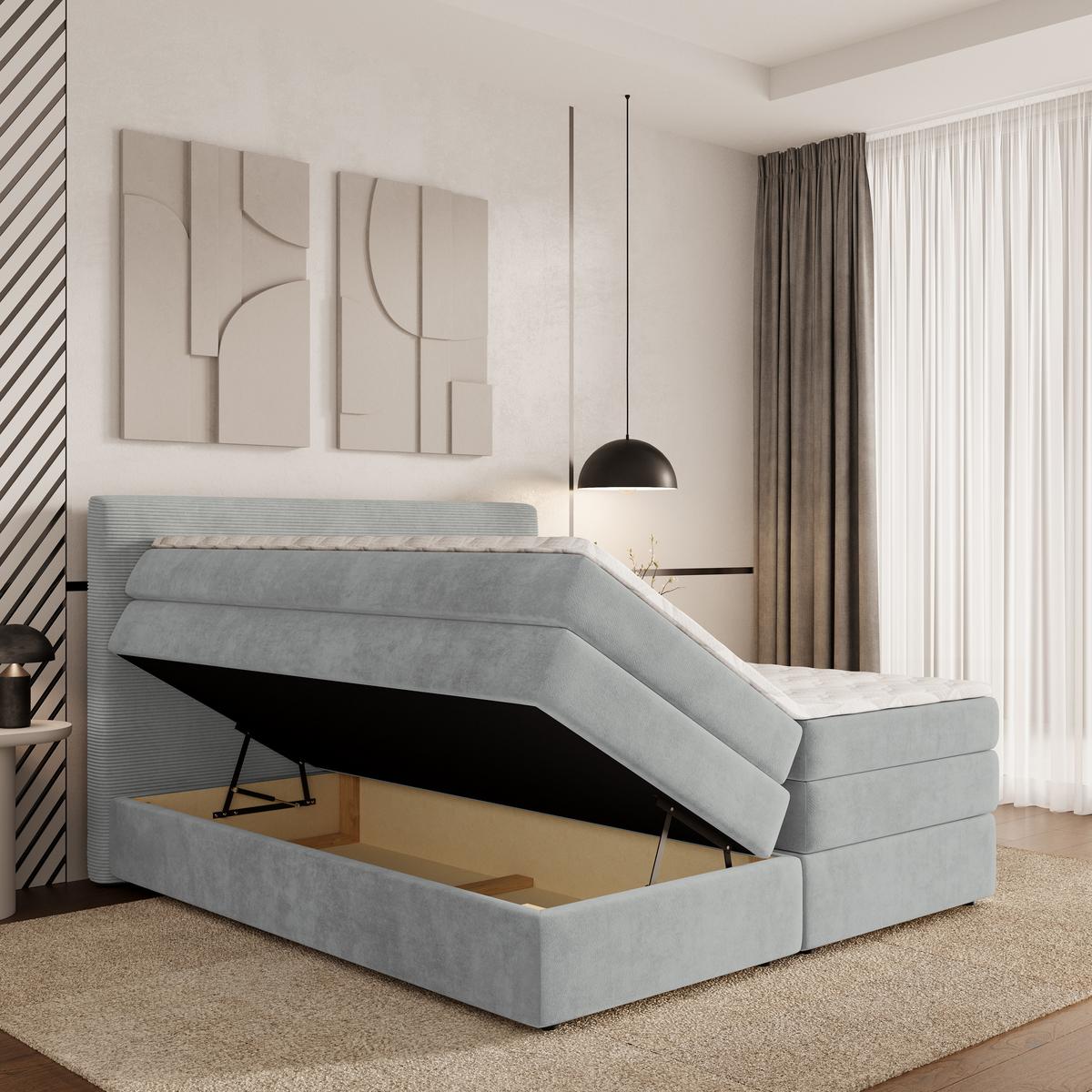 BOXSPRINGBETT MATERN 160x200 cm mit Matratze und Topper - Hellgrau - Hellgrau, Holz (160/200cm) - MASSENO