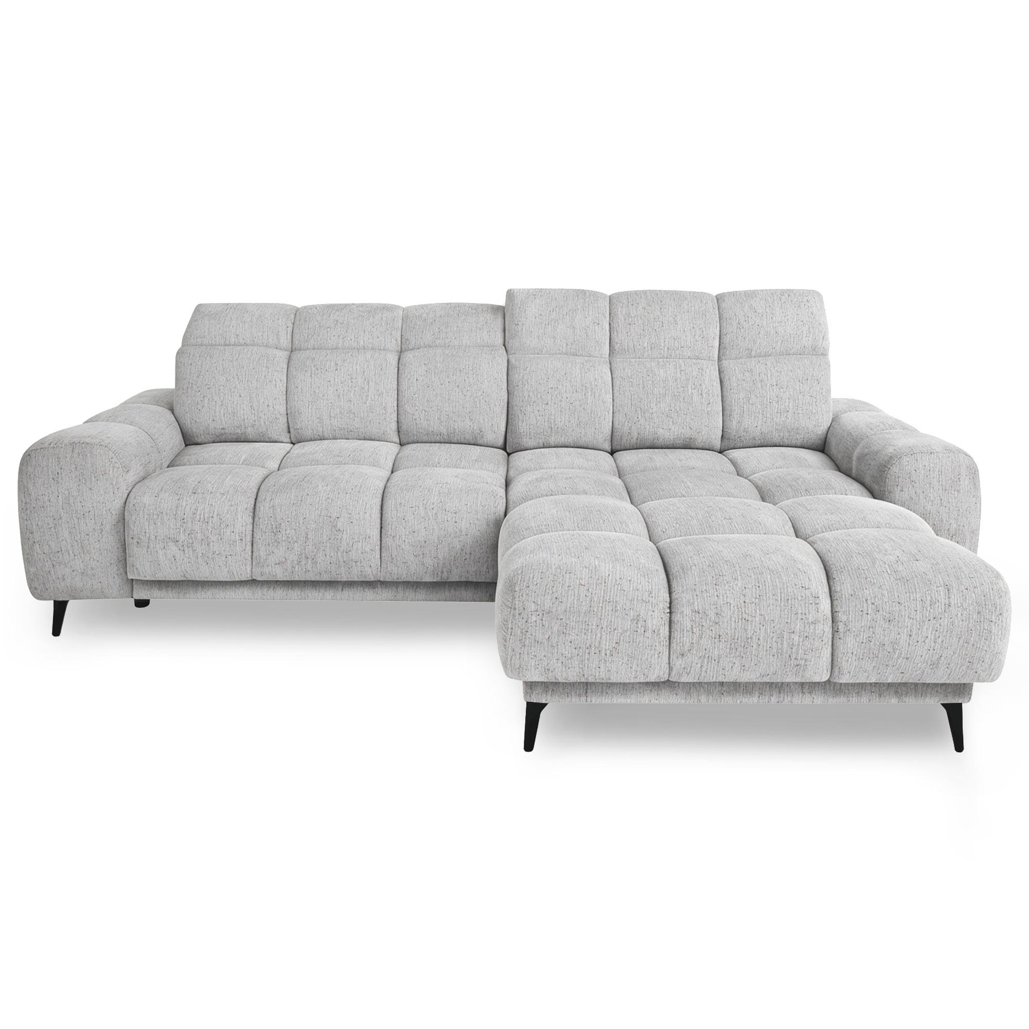 ECKSOFA Marco Mini mit elektrisch ausfahrbarem Sitz und verstellbaren Kopfstützen, Rechts, Chenille-Stoff, Hellgrau - Hellgrau/Schwarz, Textil (275/182cm) - Beautysofa