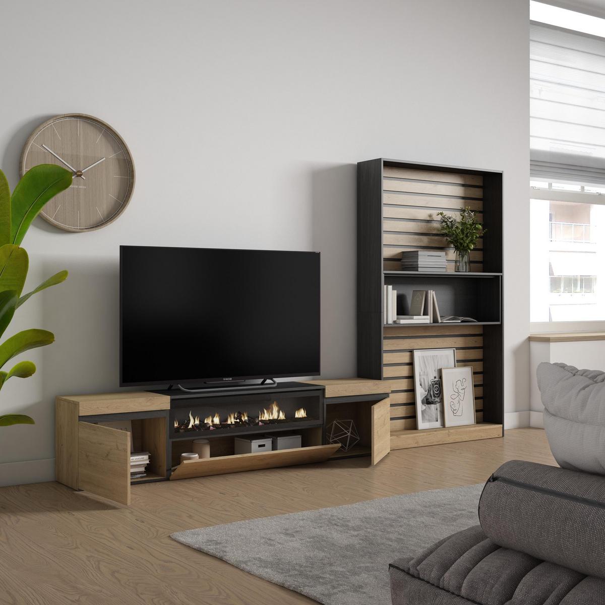 WOHNWAND Wohnzimmer, eiche, schwarz, Elektrokamin,, 310/35/186cm - Eichefarben/Beige, Holzwerkstoff (310/186/35cm) - Skraut Home