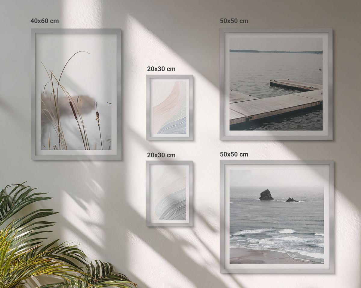 BILDER SET 5er Set - 50x50 cm & 20x30 cm & 40x60 cm Silberner Rahmen - Abstrakte Pastellwellen - Silberfarben, Kunststoff (40/60cm) - TULUP