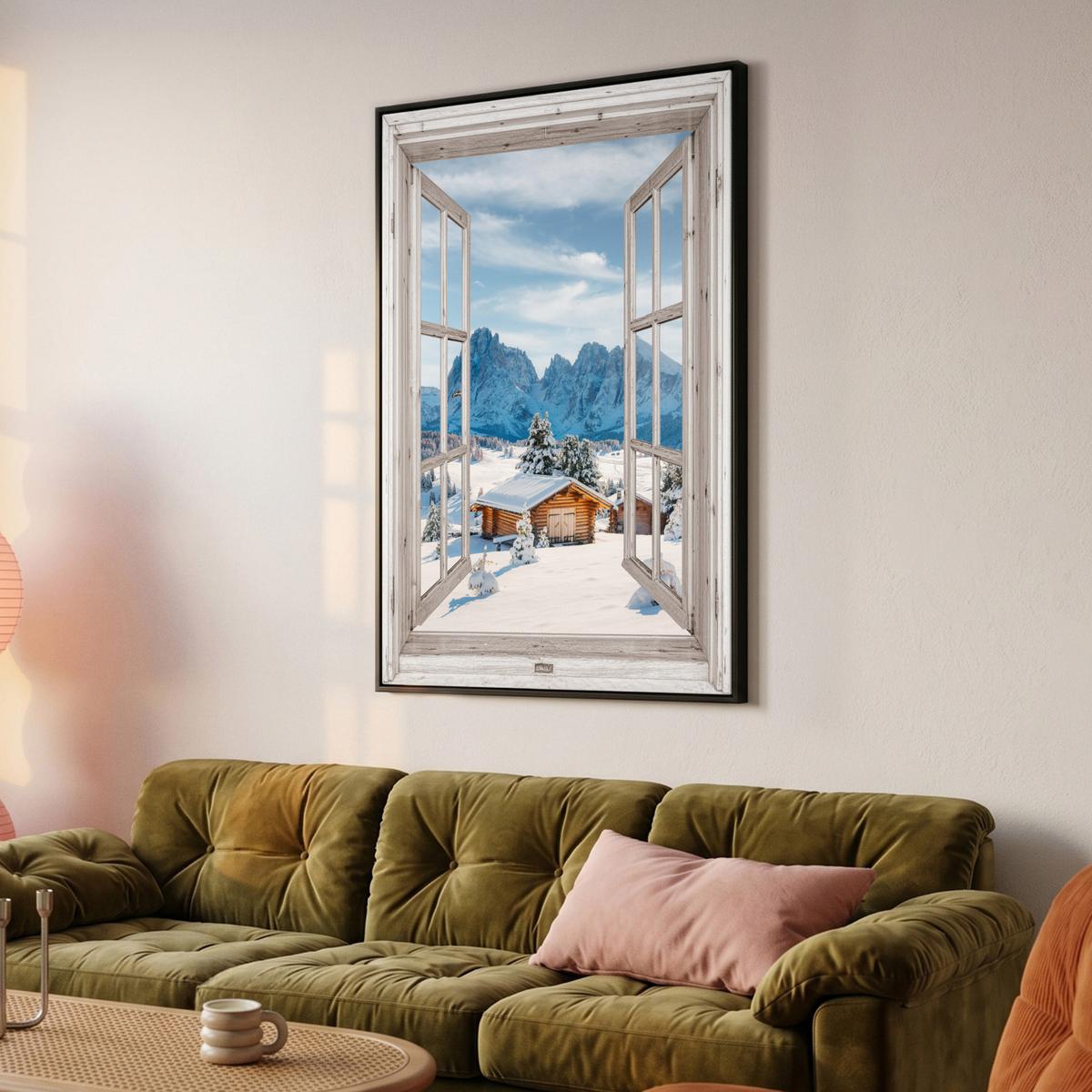 LEINWAND Bilder mit Rahmen - Winterlandschaft - Hütte - Berge - Ausblicke - Aussicht - Natur - 100x150 - Weiß Hochglanz, Textil (100/150cm) - MuchoWow