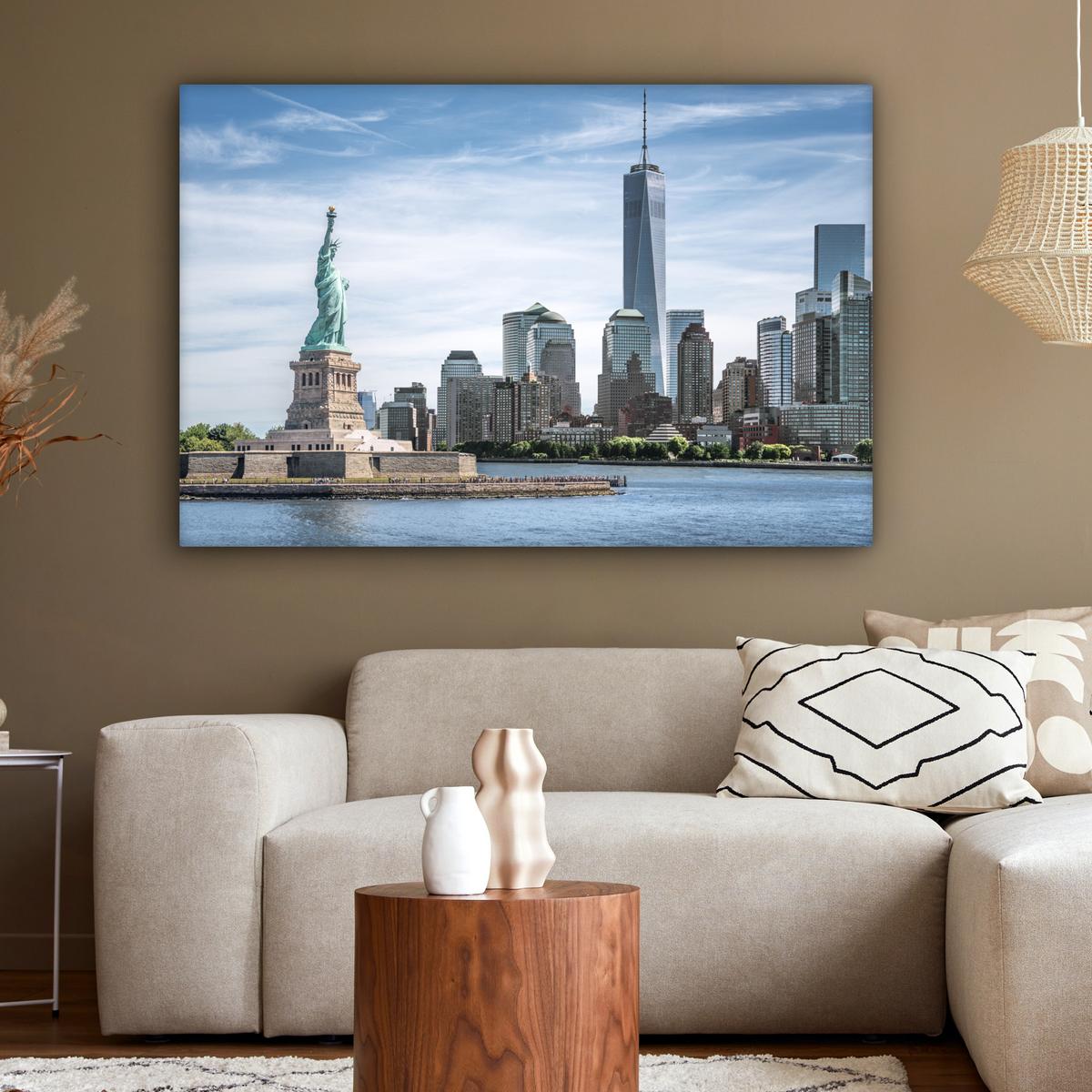 LEINWANDBILD New York - Freiheitsstatue - Wasser Groß 140x90 cm - Hellblau, Textil (140/90cm) - MuchoWow