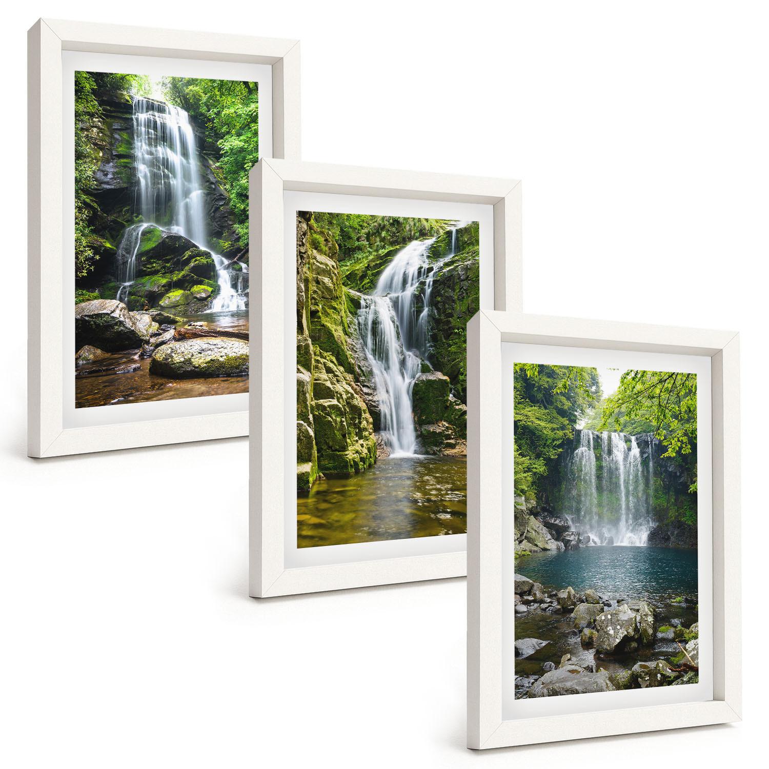 BILDER SET 3er Set - 20x30 cm Weißer Rahmen - Wasserfälle, grüne Umgebung - Weiß, Kunststoff (20/30cm) - TULUP