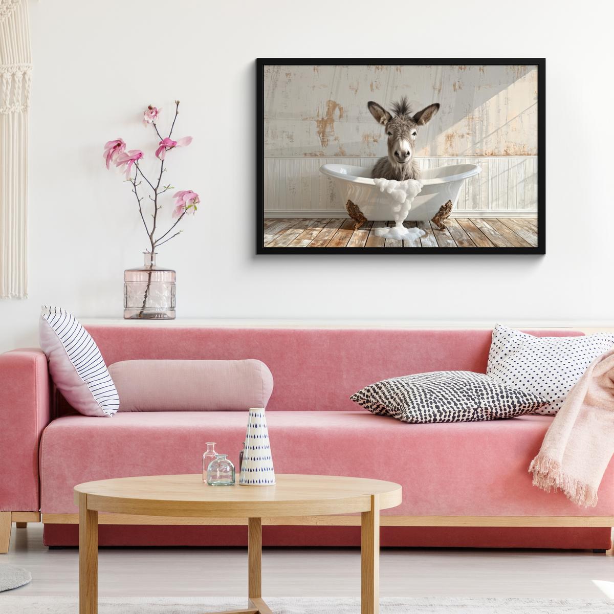 POSTER MIT RAHMENGERAHMTES BILD Esel - Tiere - Badewanne - Schaumstoff 90x60 cm - Weiß, Papier (90/60cm) - MuchoWow