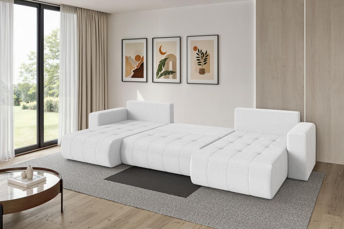 WOHNLANDSCHAFT mit Schlaffunktion und Bettkasten MILA-U 378x194x86 Weiß Bouclé - Schwarz/Weiß, Holzwerkstoff/Kunststoff (378/86/194cm) - ALTDECOR