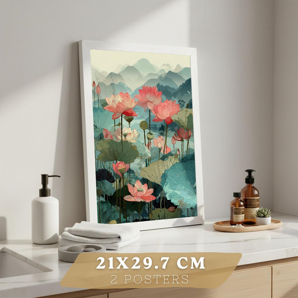 POSTER 2er-Set dekorative Badezimmerdrucke, japanisch-orientalische Kunstposter WC mit Lotusblumen, asiatische Landschaft, Stil Weißer Rahmen A4 - Weiß, Papier (29.7/21/3cm) - Nacnic