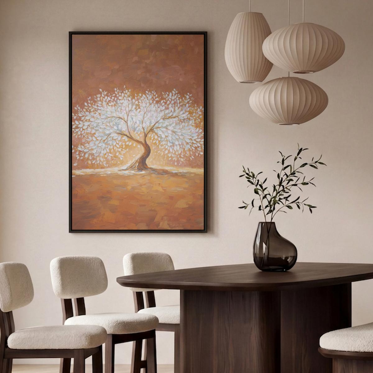 LEINWAND Bilder mit Rahmen - Abstrakt - Baum - Weiß - Blätter - 100x150 - Braun, Textil (100/150cm) - MuchoWow