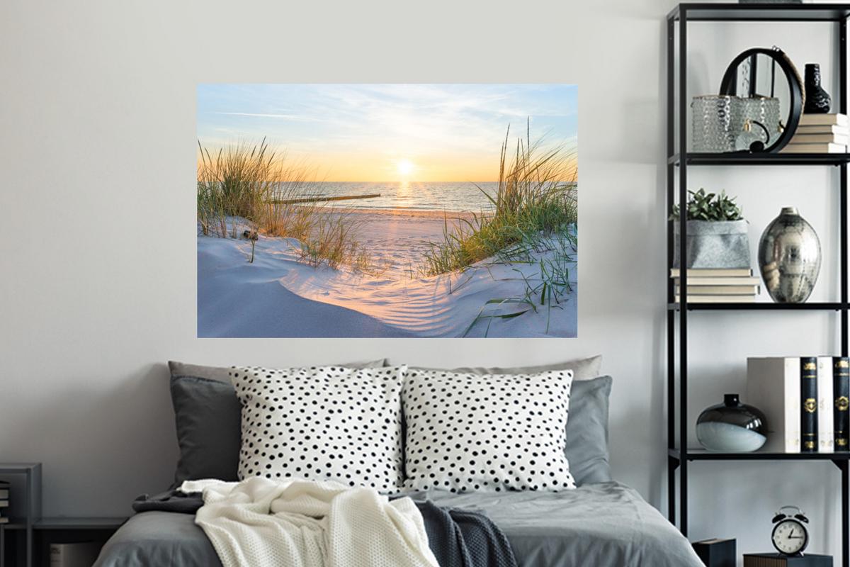 WANDTATTOO Strand - Sonne - Düne - Gras - Sand - Horizont Wandsticker 120x80 cm - Hellblau, Kunststoff (120/80/0.1cm) - MuchoWow