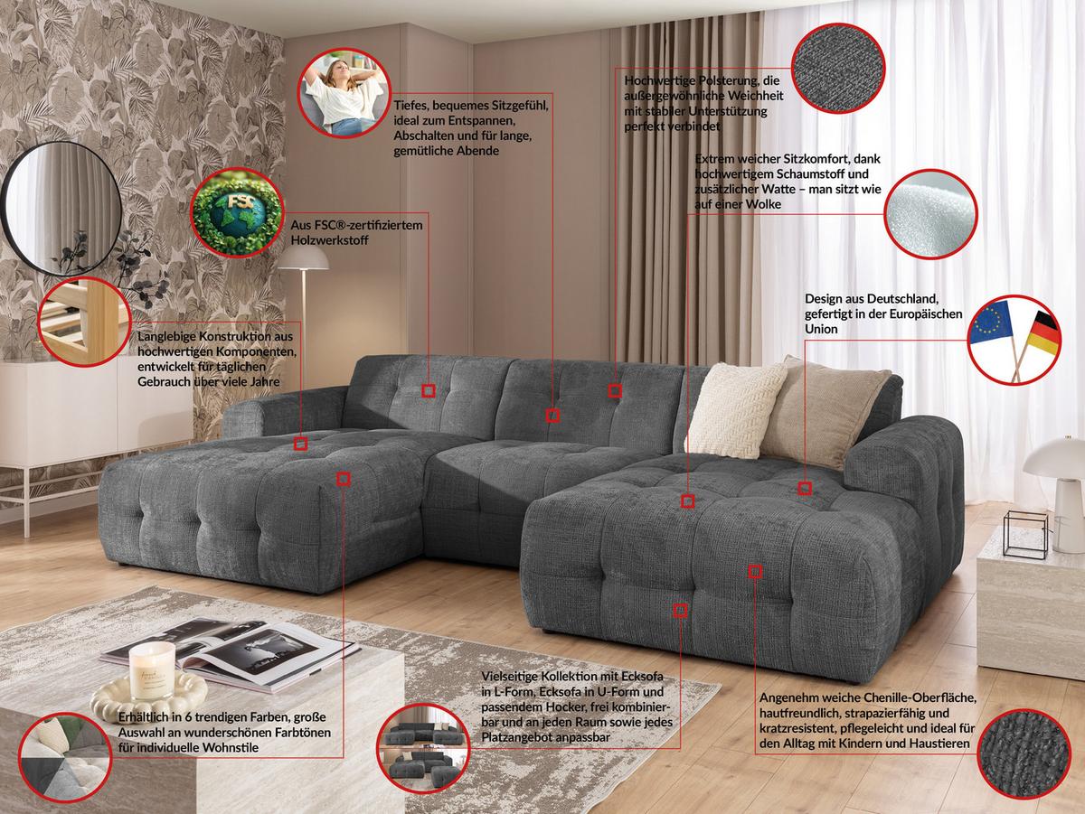 WOHNLANDSCHAFT Kozy im Bumpy-Design mit fester Rückenlehne aus weichem Grau Chenille-Stoff - Schwarz/Grau, Holz/Kunststoff (323/79/161cm) - S-Style