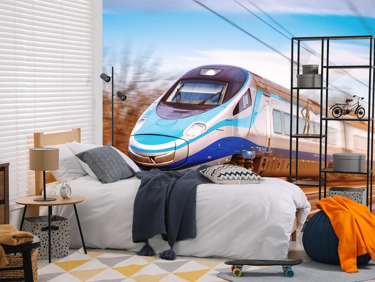 FOTOTAPETE für Wohnzimmer Moderner Zug Eisenbahnschienen 400x280 - Blau/Schwarz, Papier (400/280cm) - Muralo