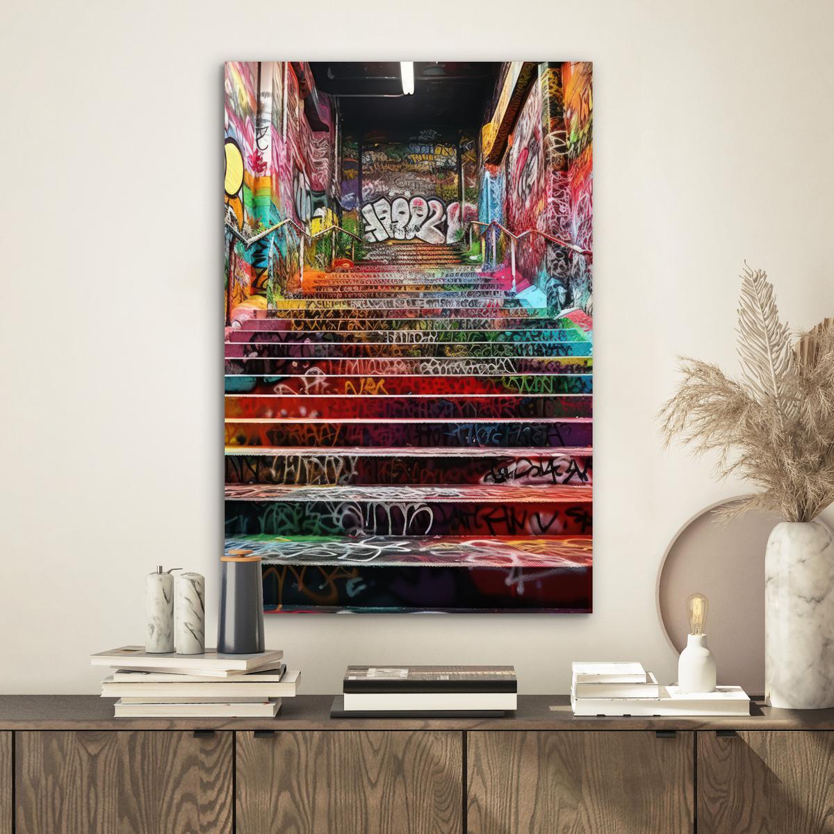 METALLBILD Treppe - Graffiti - Farben - Kunst Deko Schlafzimmer 40x60 cm - Multicolor, Metall (40/60cm) - MuchoWow