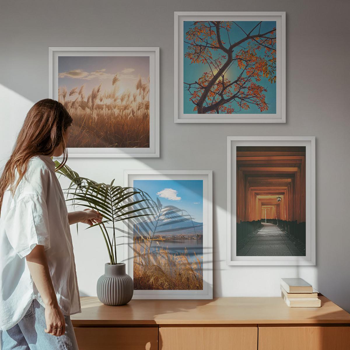 BILDER SET 4er Set - 50x50 cm & 40x60 cm Weißer Rahmen - Japanische Naturlandschaften - Weiß, Kunststoff (50/50cm) - TULUP