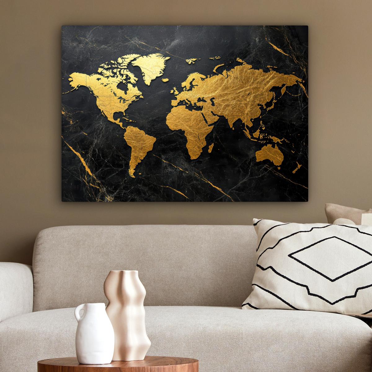 LEINWANDBILD Weltkarte - Gold - Marmor Wandbilder 80x60 cm - Goldfarben, Textil (80/60cm) - MuchoWow