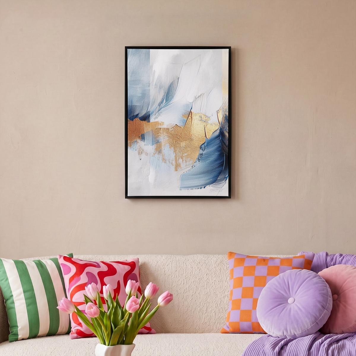 LEINWAND Bilder mit Rahmen - Gold - Blau - Aquarell - Kunst - Modern - 40x60 - Hellblau, Textil (40/60cm) - MuchoWow