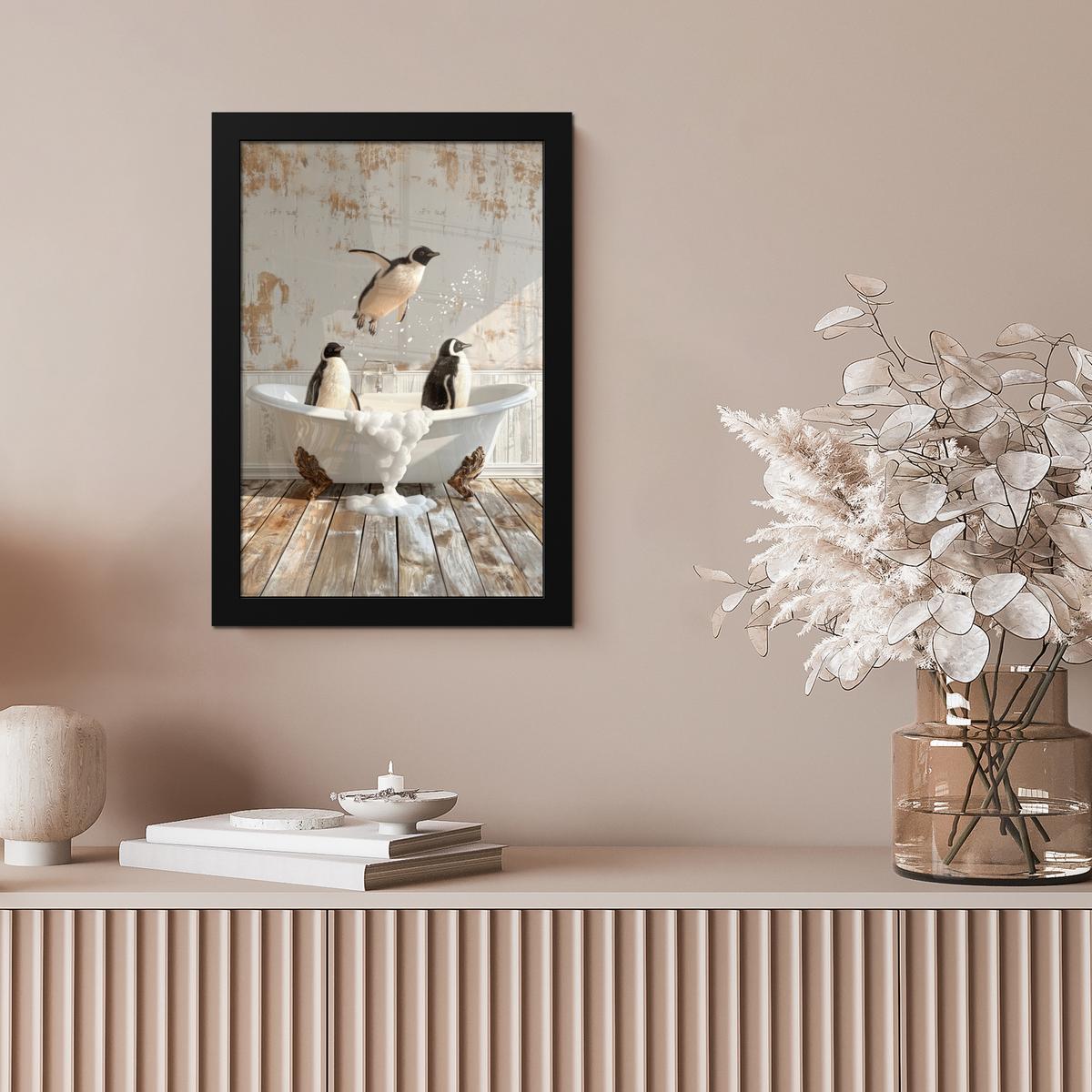 POSTER MIT RAHMEN Vintage - Pinguin - Badewanne - Schaumstoff Poster 20x30 cm - Schwarz, Papier (20/30cm) - MuchoWow