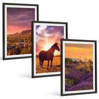 BILDER SET 3er Set - 40x60 cm Schwarzer Rahmen - Berglandschaft mit einem Pferd - Schwarz, Kunststoff (40/60cm) - TULUP
