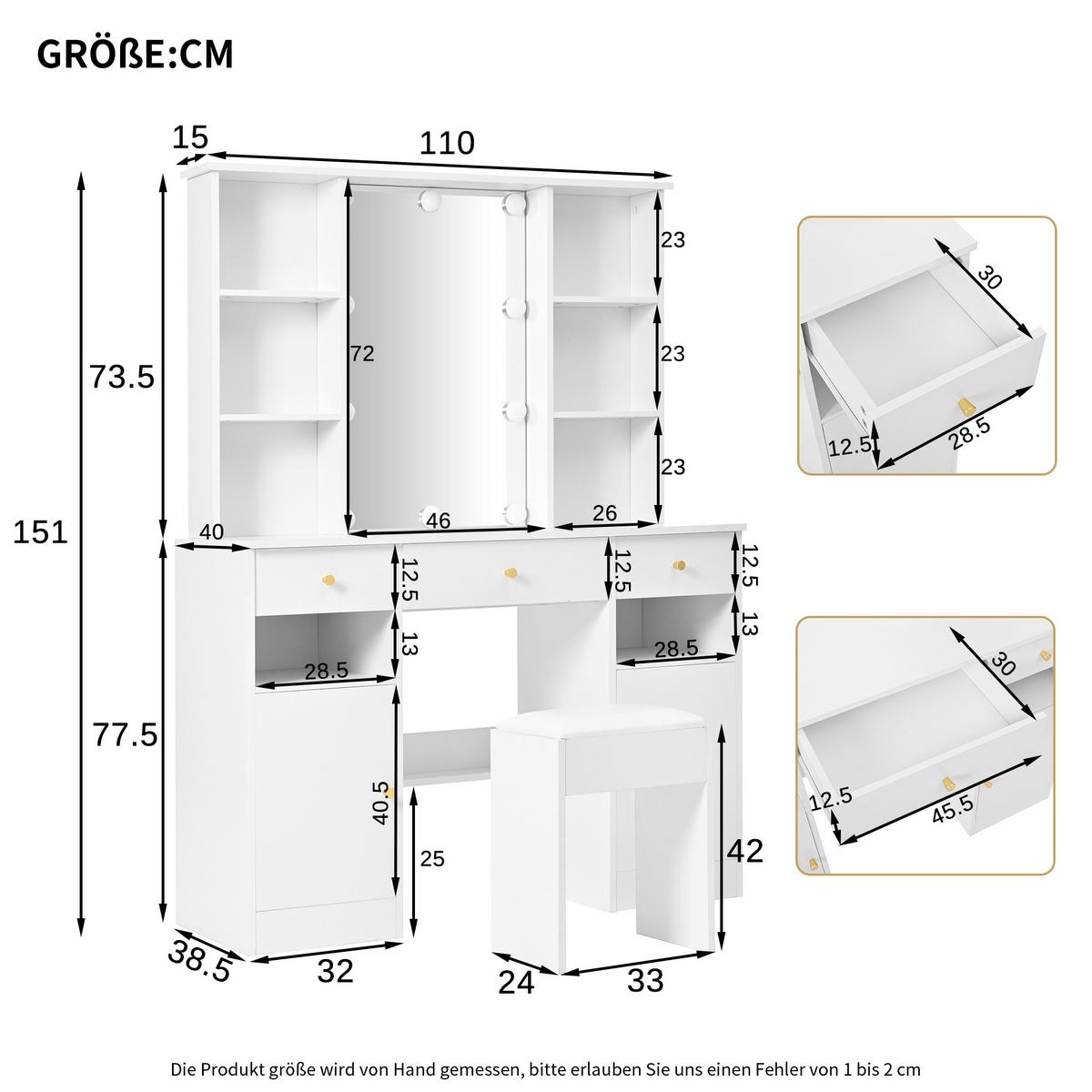 SCHMINKTISCH in Weiß mit Hollywood-LED & Spiegel - Weiß, Holzwerkstoff (110/151/40cm) - Urban Meuble