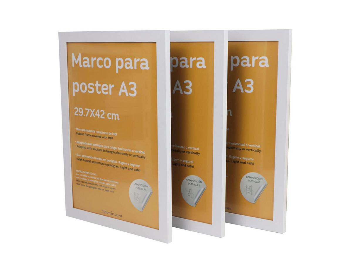 RAHMEN Set mit 3 aus MDF und Acrylglas Schutz und Aussteller für Fotografien, Bilder, Poster, Gemälde, Dekoration für Haus Farbe Weiß A3 - Weiß, Holz (29.7/3cm) - Nacnic