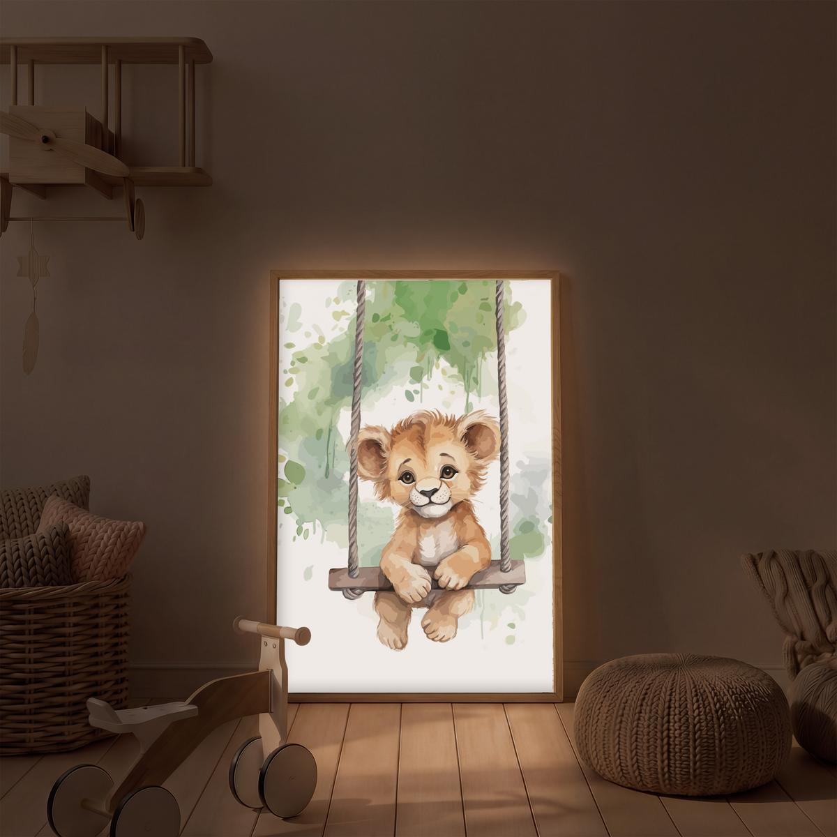 WANDLEUCHTE MIT AKKU Löwe - Tier - Kinder - Dschungel 70x100 cm - Weiß, Holzwerkstoff (70/100/8cm) - OnlyWow