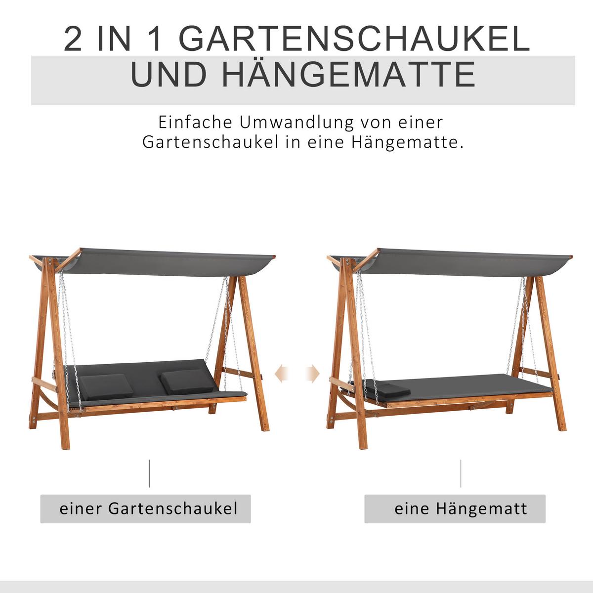 HOLLYWOODSCHAUKEL, mit Dach, Polyester, Grau, 225,5 x 130 x 180 cm - Grau, Holz (130/180/225.5cm) - Outsunny