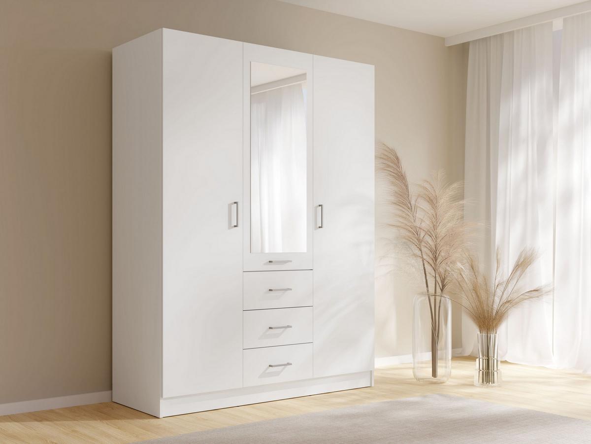 DREHTÜRENSCHRANK NEVARIS 150,5/200,5/58cm 3-türig mit Spiegel Weiß - Weiß, Holzwerkstoff (150.5/200.5/58cm) - MASSENO