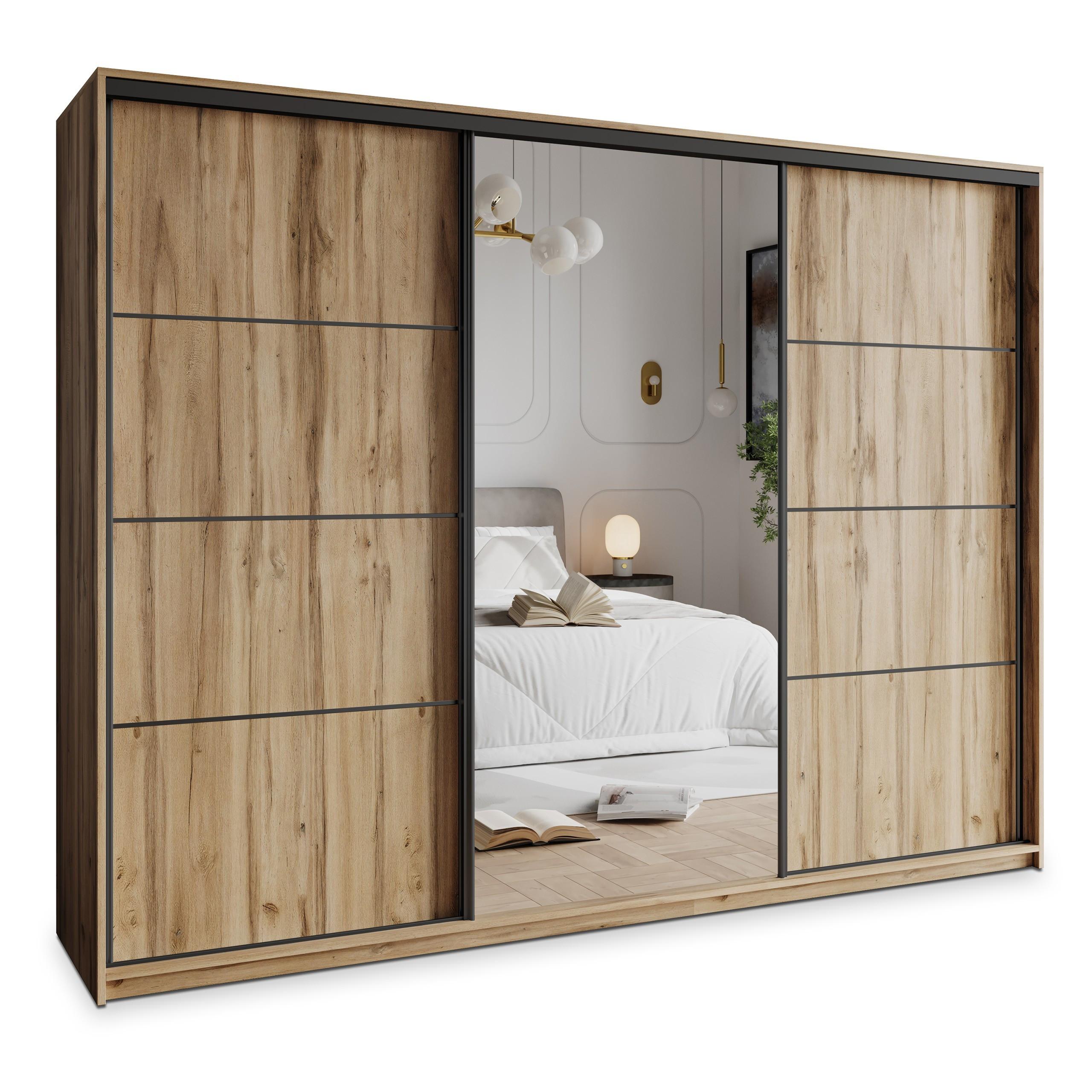 SCHWEBETÜRENSCHRANK VARO 250/205/60 cm 3-türig mit Spiegel und Schubladen Eiche Wotan - Eiche Wotan/Schwarz, Holzwerkstoff (250/205/60cm) - MASSENO