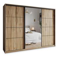 SCHWEBETÜRENSCHRANK VARO 250/205/60 cm 3-türig mit Spiegel und Schubladen Eiche Wotan - Eiche Wotan/Schwarz, Holzwerkstoff (250/205/60cm) - MASSENO