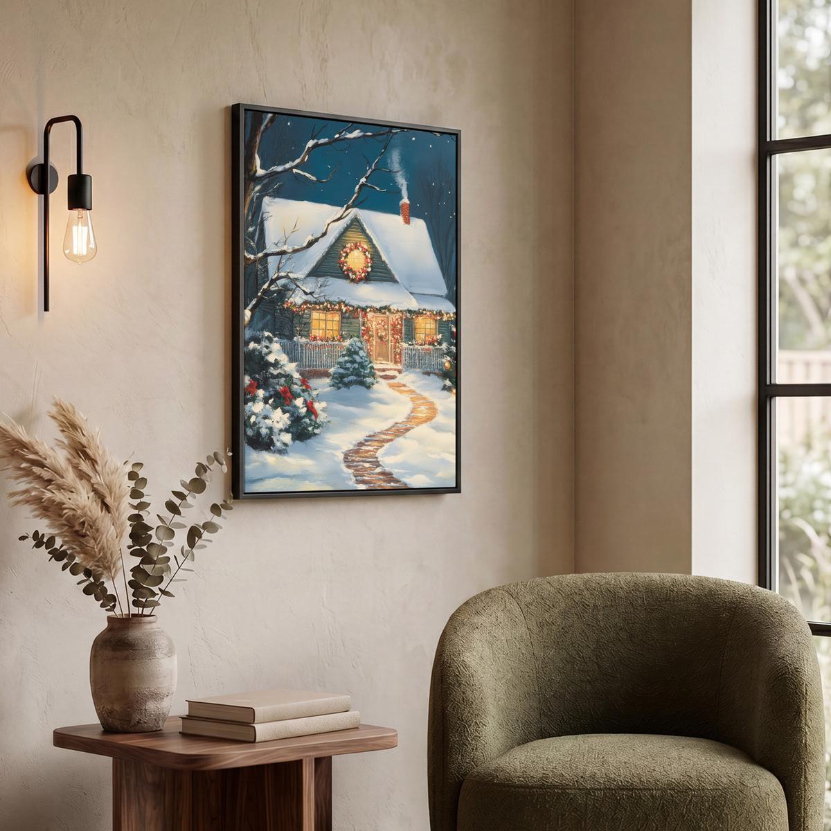 LEINWAND Bilder mit Rahmen - Weihnachten - Weihnachtsbaum - Winter - Zuhause - Schnee - 50x70 - Smaragdgrün, Textil (50/70cm) - MuchoWow
