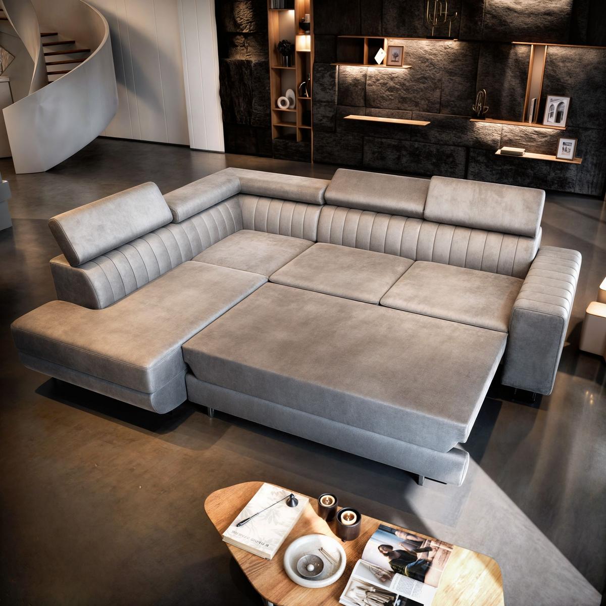 ECKSOFA NOLA L-S Beige Velours-Stoff mit Schlaffunktion - Beige/Silberfarben, Holz/Textil (253/190cm) - MASSENO