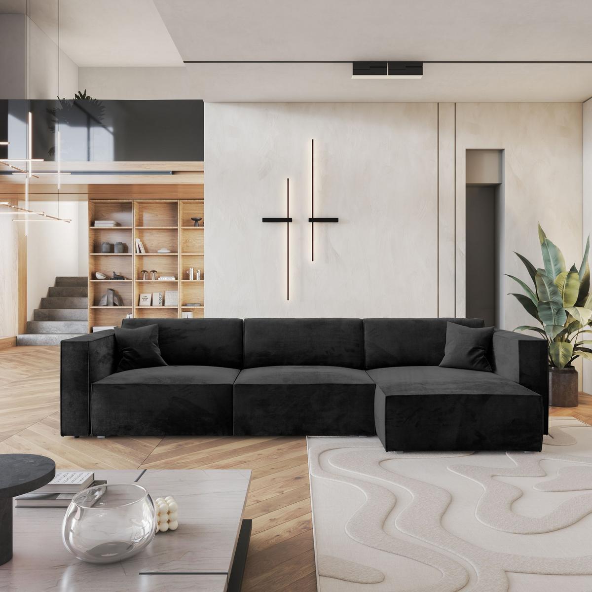 ECKSOFA TOLMO M Schwarz Velours-Stoff mit Schlaffunktion - Schwarz/Grau, Holz/Kunststoff (347/148cm) - MASSENO