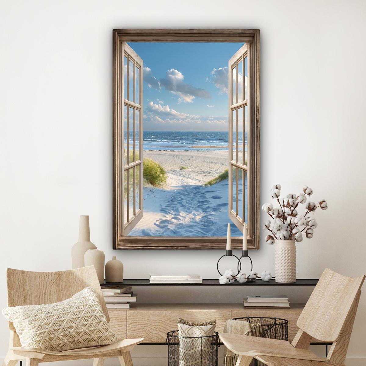 LEINWANDBILD Aussicht - Strand - Fenster - Dünen - Meer Deko XXL 80x120 cm - Hellblau, Textil (80/120cm) - MuchoWow