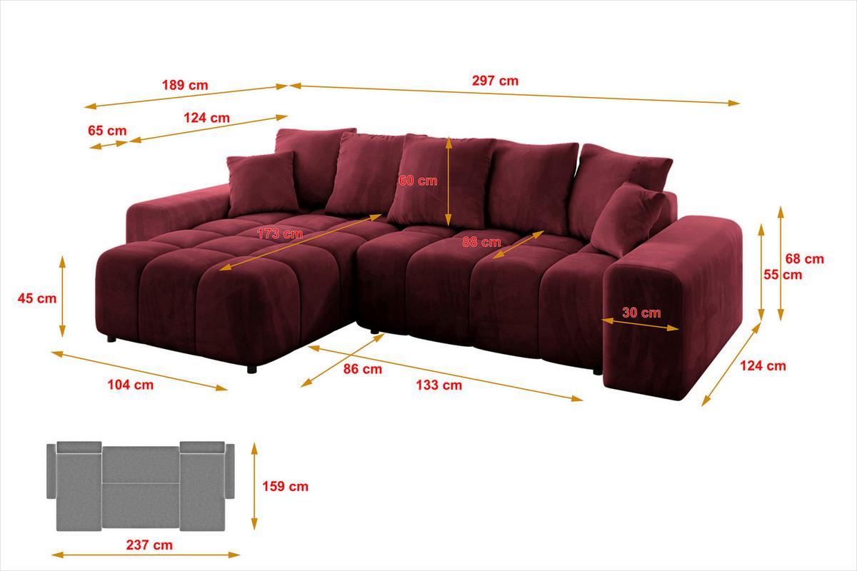 ECKSOFA Ottomane links ENIL-L 297x189x68 Bordeaux Velours - Bordeaux, Holzwerkstoff/Kunststoff (297/189cm) - ALTDECOR