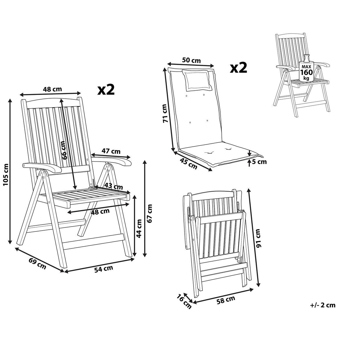 GARTENSTUHL 2er-Set Akazienholz dunkelbraun Auflagen blau Amantea - Blau/Dunkelbraun, Holz (54/105/69cm) - Beliani